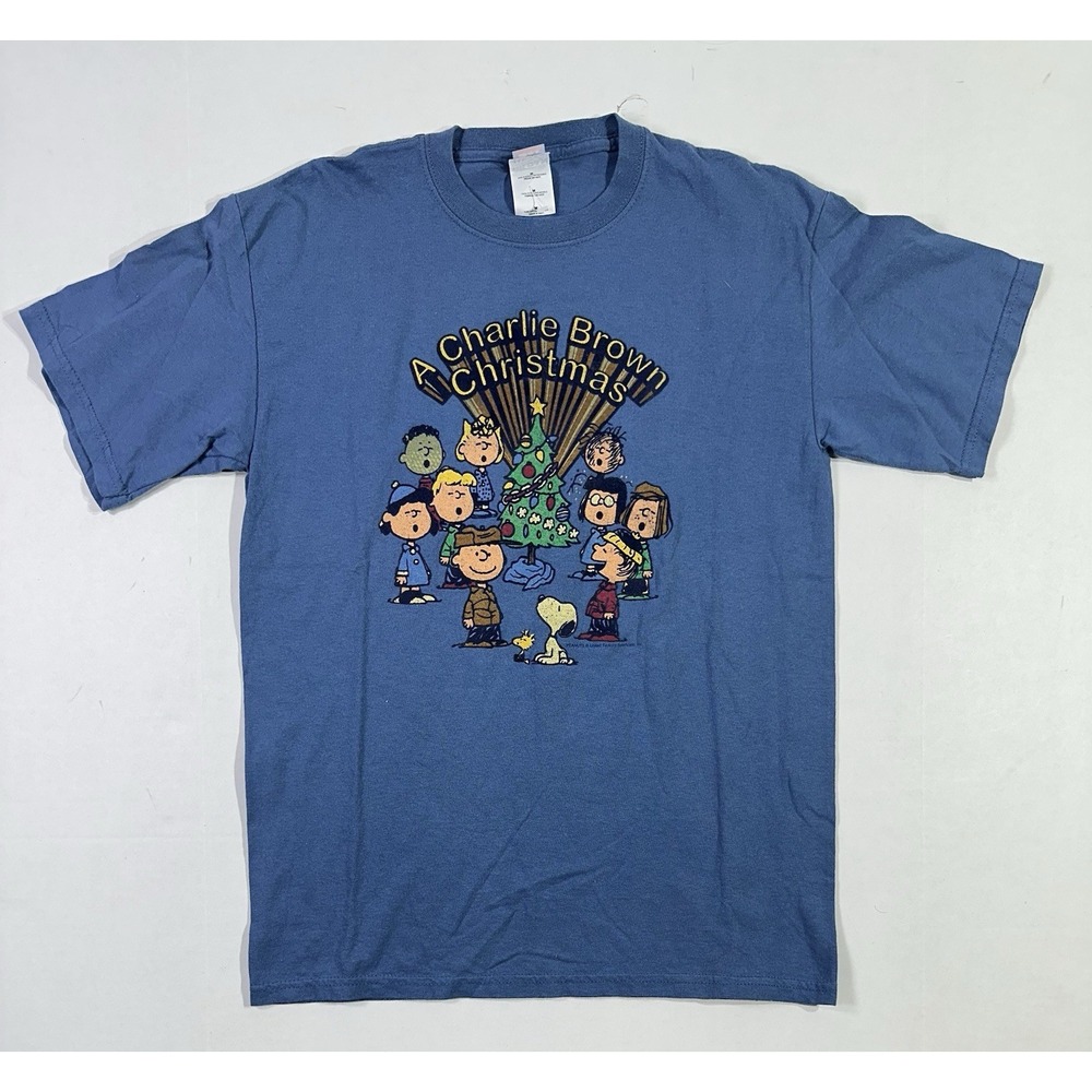 A‎ Charlie Brown Christmas Peanuts Tee Medium Snoopy Holiday Shirt Gildan Blue